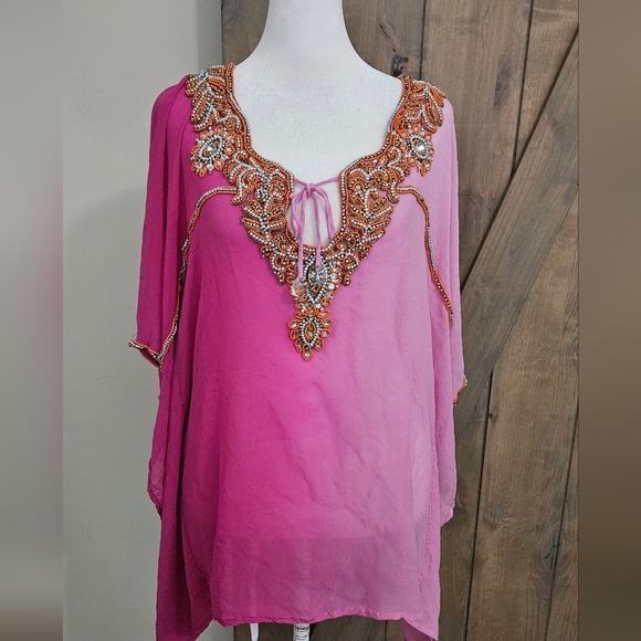 BOSTON PROPER Beaded Ombre Tunic In Pink Multi. Size Small - Picture 10 of 16